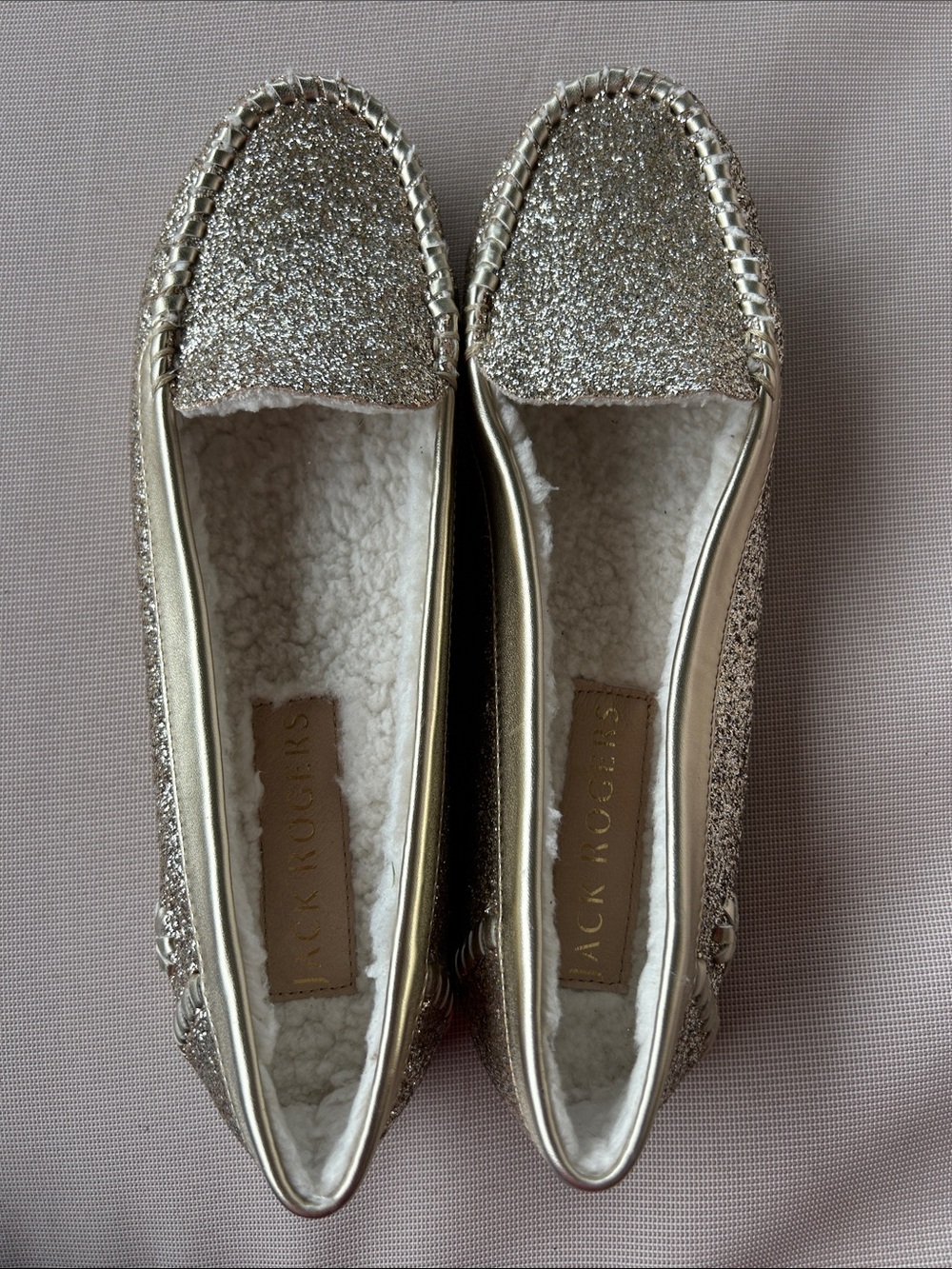 Jack Rogers Metallic Gold Glitter Shearling Moccasins